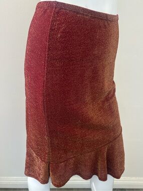 Vintage Y2K 90s 579 Metallic Rust Red Knit Ruffle-Hem Midi Skirt Gold Sparkles